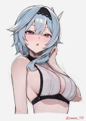 Rule 34 | 1girl, armpits, artist name, bikini, black choker, blue eyes, blush, breasts, choker, cleavage, commentary request, eula (genshin impact), genshin impact, hair ornament, highres, large breasts, looking at viewer, navel, open mouth, short hair, simple background, sketch, solo, sooon, stomach, swimsuit, upper body, white background, white bikini