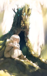 Rule 34 | 1girl, adachi jun, brown eyes, brown hair, crystal, day, from side, full body, hood, long sleeves, looking down, nature, original, outdoors, pointy ears, robe, shadow, short hair, sitting, solo, stick, tree stump, white hair