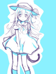 Rule 34 | 1girl, :o, alternate costume, between legs, blue background, blue theme, blush, cat tail, cowboy shot, dress, hat, hat ribbon, helma lennartz, highres, izuoku, long hair, looking at viewer, monochrome, open mouth, outline, puffy short sleeves, puffy sleeves, ribbon, sailor dress, short sleeves, simple background, sketch, solo, strike witches, strike witches: suomus misfits squadron, sun hat, tail, world witches series