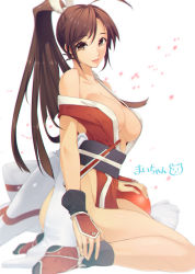Rule 34 | 1girl, ahoge, ass, bad id, bad pixiv id, bare shoulders, bear, breasts, bridal gauntlets, brown eyes, brown hair, cherry blossoms, chibi, chibi inset, cleavage, eyebrows, eyelashes, fatal fury, folded fan, folding fan, from side, hand fan, japanese clothes, large breasts, long hair, looking at viewer, motion blur, no shoes, off shoulder, orb, pelvic curtain, ponytail, ran komomo, revealing clothes, rope, sash, shiranui mai, sideboob, sitting, smile, snk, socks, solo, tassel, the king of fighters, white background