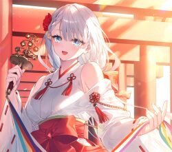 Rule 34 | 1girl, bare shoulders, blue eyes, bow, braid, breasts, dress bow, flower, front bow, hair flower, hair ornament, holding, japanese clothes, long hair, long sleeves, looking at viewer, medium breasts, miko, off shoulder, official art, open mouth, outdoors, red bow, riselia ray crystalia, seiken gakuin no maken tsukai, single braid, smile, solo, sunlight, tassel, toosaka asagi, white hair, wide sleeves