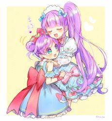 Rule 34 | 2girls, :d, ahoge, blue bow, blue dress, blue eyes, blunt bangs, blush, bow, closed eyes, commentary request, cropped legs, double bun, dress, frilled dress, frills, hair bow, hair bun, hand on another&#039;s shoulder, headpat, heads together, idol clothes, idol time pripara, lolita fashion, long hair, long sleeves, maid headdress, manaka laala, manaka laala (young), manaka non, multiple girls, open mouth, pink bow, pretty series, pripara, purple hair, short hair, siblings, side ponytail, sisters, smile, standing, sweatdrop, sweet lolita, touyama soboro, very long hair, yellow background