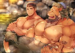 Rule 34 | 2boys, arsalan (housamo), bara, black hair, brown fur, brown hair, closed eyes, closed mouth, facial hair, furry, furry male, furry with non-furry, halo, huge pectorals, interspecies, large pectorals, lion boy, looking at another, male focus, multiple boys, muscular, muscular male, nipples, onsen, open mouth, partially submerged, pectorals, short hair, smile, tokyo houkago summoners, towel, towel on head, wafu (youzora samo18), water, wet, wet hair, yaoi, zabaniyya (housamo)