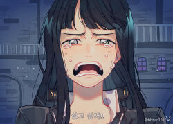 Rule 34 | !, !!, 1girl, artist name, bbzico1267, black hair, blue eyes, blunt bangs, commentary request, crying, crying with eyes open, korean text, long hair, looking at viewer, nico robin, one piece, open mouth, solo, tears, teeth, translation request