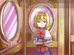 Rule 34 | alice margatroid, alternate costume, blue eyes, book, expressionless, gem, highres, mirror, no pupils, open book, peroponesosu., reading, solo, touhou, upper body