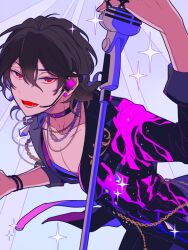 Rule 34 | 1boy, apokado, black choker, black jacket, brown hair, chain, choker, ensemble stars!, headset, holding, holding microphone stand, jacket, jewelry, long sleeves, male focus, microphone stand, multicolored background, multicolored clothes, multicolored jacket, necklace, open mouth, pectoral cleavage, pectorals, pink jacket, purple background, red eyes, sakuma rei (ensemble stars!), solo, sparkle