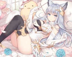 Rule 34 | 1girl, animal ears, ass, asymmetrical legwear, ayuanlv, bare shoulders, bed, black thighhighs, breasts, dress, elbow gloves, erune, gloves, granblue fantasy, grey eyes, hair ornament, hands up, highres, korwa, large breasts, legs up, long hair, looking at viewer, lying, mismatched legwear, on back, on bed, pillow, short dress, sideless outfit, silver hair, smile, solo, stuffed chicken, thighhighs, thighs, white dress, white gloves, white thighhighs