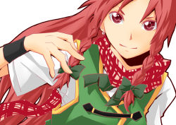 Rule 34 | 1girl, absurdres, alternate eye color, bow, braid, earrings, female focus, hair bow, highres, hong meiling, jewelry, kamo (hitomin1103), long hair, no headwear, no headwear, red eyes, red hair, scarf, smile, solo, touhou, twin braids, wristband