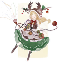 Rule 34 | 1girl, ^ ^, animal hat, boots, bow, bowtie, chain, christmas, christmas ornaments, closed eyes, full body, fur trim, gift, gourd, hair ribbon, hat, highres, horn ornament, horn ribbon, horns, ibuki suika, long hair, long skirt, low-tied long hair, open mouth, red bow, red bowtie, ribbon, shihou (g-o-s), skirt, sleeveless, smile, solo, touhou, white background