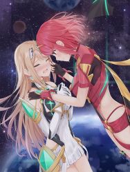 Rule 34 | 2girls, armor, bare shoulders, blonde hair, blush, breasts, crying, dress, earrings, closed eyes, fingerless gloves, forehead-to-forehead, gloves, hand on another&#039;s shoulder, headpiece, heads together, highres, ikkyuutensaii, jewelry, large breasts, long hair, looking at another, multiple girls, mythra (xenoblade), nintendo, nose blush, open mouth, planet, pyra (xenoblade), red eyes, red hair, red shorts, ribbed dress, short dress, short hair, short shorts, shorts, shoulder armor, smile, space, tears, very long hair, white dress, xenoblade chronicles (series), xenoblade chronicles 2