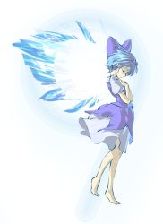 Rule 34 | 1girl, barefoot, blue hair, bow, cirno, closed eyes, female focus, full body, hair bow, hands on own chest, makarori, profile, short hair, solo, embodiment of scarlet devil, touhou, white background, wings