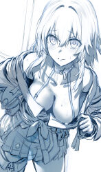 Rule 34 | 1girl, bare shoulders, breasts, choker, cleavage, clothes pull, collarbone, commentary, english commentary, greyscale, hair between eyes, halterneck, hews, highres, honkai: star rail, honkai (series), jacket, long sleeves, looking at viewer, march 7th (honkai: star rail), medium breasts, medium hair, monochrome, navel, nipples, off shoulder, one breast out, sidelocks, smile, solo, thigh strap, thighhighs, thighs, tied jacket