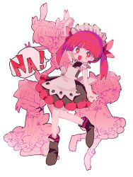 Rule 34 | 1girl, apron, arm up, black dress, black footwear, boots, bright pupils, character request, closed eyes, closed mouth, commentary request, copyright request, dress, frills, highres, maid, maid headdress, multiple views, open mouth, red eyes, red hair, short dress, simple background, smile, speech bubble, twintails, usagi nui, white apron, white background, white pupils