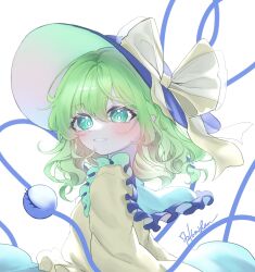 Rule 34 | 1girl, 72mikan 1687, arm at side, black hat, blush, bow, bright pupils, commentary, eyelashes, floating hair, frilled shirt collar, frills, from side, green eyes, green hair, hair between eyes, hat, hat bow, heart, heart of string, highres, komeiji koishi, looking at viewer, medium hair, parted lips, shirt, signature, simple background, smile, solo, third eye, touhou, upper body, wavy hair, white background, white pupils, yellow bow, yellow shirt
