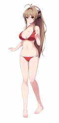 Rule 34 | 10s, 1girl, absurdres, amagi brilliant park, antenna hair, barefoot, bikini, blush, breasts, brown eyes, brown hair, chance maker, cleavage, feet, hair ribbon, highres, huge breasts, legs, long hair, looking at viewer, navel, ponytail, ribbon, sento isuzu, simple background, smile, solo, standing, swimsuit, thighs, toes, white background