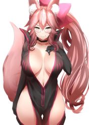 Rule 34 | 1girl, animal ear fluff, animal ears, black bodysuit, blush, bodysuit, bow, breasts, center opening, choker, cleavage, closed mouth, fate/grand order, fate (series), fox ears, fox girl, fox tail, glasses, hair between eyes, hair bow, highres, hip vent, john zhang, koyanskaya (assassin) (first ascension) (fate), koyanskaya (fate), large breasts, long hair, looking at viewer, pink bow, pink hair, ponytail, sidelocks, smile, solo, tail, tamamo (fate), thighs, yellow eyes