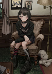 Rule 34 | 1girl, absurdres, ankle boots, asymmetrical legwear, belt collar, black footwear, black hair, black sweater, blush, boots, closed mouth, collar, computer, cup, curtains, desk, dot nose, drinking glass, gishiki (gshk), goth fashion, grey skirt, highres, knees together feet apart, lamp, laptop, long sleeves, looking at viewer, medium hair, miniskirt, mismatched legwear, original, peanuts (comic), photo (object), pigeon-toed, pleated skirt, sitting, skirt, snoopy, socks, solo, striped clothes, striped socks, striped thighhighs, stuffed animal, stuffed toy, sweater, thighhighs, window, yellow eyes