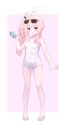 Rule 34 | 1girl, absurdres, ahoge, bare arms, bare legs, bare shoulders, blue archive, blush, breasts, bsm (nerdmin), collarbone, covered navel, drink, drinking straw, eyewear on head, halo, highres, holding, holding drink, long hair, milk carton, natsu (blue archive), one-piece swimsuit, open mouth, pink hair, pink halo, red eyes, sandals, school swimsuit, side ponytail, small breasts, solo, sunglasses, swimsuit, toes, white one-piece swimsuit