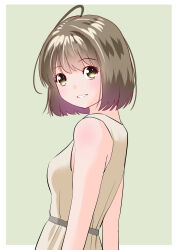 Rule 34 | 1girl, antenna hair, bare shoulders, belt, brown hair, dress, from side, grey background, highres, looking at viewer, original, parted lips, simple background, sleeveless, sleeveless dress, upper body, yamanaka kouji (yanchiki2001), yellow eyes
