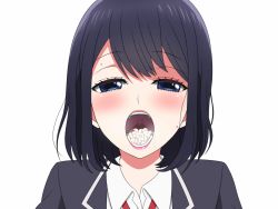 Rule 34 | 10s, 1girl, black hair, blue eyes, cum, cum in mouth, cum on tongue, eyelashes, half-closed eyes, kh-fullhouse, koi to uso, lips, looking at viewer, open mouth, school uniform, simple background, solo, takasaki misaki (koi to uso), upper body, uvula, white background