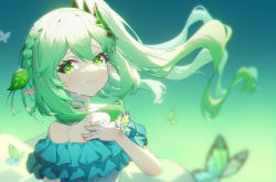 Rule 34 | 1girl, absurdres, bare shoulders, blue dress, braid, bug, butterfly, chinese commentary, commentary request, crying, crying with eyes open, dress, frilled dress, frills, genshin impact, gradient background, green background, green eyes, hand on own chest, heiyizhushenxia, highres, insect, long hair, looking at viewer, nahida (genshin impact), pointy ears, side braid, side ponytail, solo, strapless, strapless dress, tears, wavy mouth, white hair