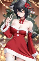 Rule 34 | 1girl, animal ear fluff, animal ears, bare shoulders, bell, black hair, blurry, blurry background, blush, bow, breasts, brown eyes, cat ears, cat girl, cat tail, choker, christmas, christmas ornaments, christmas tree, cleavage, closed mouth, collarbone, commentary, depth of field, detached sleeves, dress, english commentary, fur-trimmed dress, fur-trimmed sleeves, fur trim, hair between eyes, hand up, highres, jingle bell, long sleeves, looking at viewer, medium breasts, neck bell, original, red bow, red choker, red sleeves, santa costume, smile, solo, strapless, strapless dress, tail, thighhighs, twitter username, v, white thighhighs, wide sleeves, yorugami rei