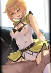 Rule 34 | 1boy, 1girl, akino komichi, bare arms, belt, belt buckle, black belt, blonde hair, blurry, blurry background, blush, breasts, buckle, buttons, cleavage, cleavage cutout, clothed female nude male, clothed sex, clothing cutout, commentary request, couch, covered erect nipples, cowboy shot, cowgirl position, deep penetration, drooling, girl on top, hair between eyes, hair flaps, hands on another&#039;s thighs, heavy breathing, hetero, highres, ibuki tsubasa, idolmaster, idolmaster million live!, idolmaster million live! theater days, indoors, large breasts, looking at another, looking down, male pubic hair, nipples, nude, on couch, open mouth, overskirt, pink eyes, pubic hair, saliva, see-through, sex, shirt, short hair, short shorts, shorts, skirt, sleeveless, sleeveless shirt, smile, solo focus, speed lines, star (symbol), steaming body, straddling, sweat, teeth, thighhighs, tongue, tongue out, top! clover (idolmaster), torn clothes, torn shorts, two-tone shirt, upper teeth only, vaginal, wet, wet clothes, wet shirt, white shirt, white shorts, white thighhighs, window, yellow shirt, yellow skirt