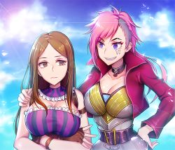 Rule 34 | 2girls, arm around shoulder, bad id, bad twitter id, breast hold, breasts, brown eyes, brown hair, caitlyn (league of legends), cleavage, cloud, crossed arms, day, facial tattoo, fingerless gloves, g.t, gloves, gradient background, grin, hand on own hip, large breasts, league of legends, long hair, multiple girls, no headwear, pink hair, purple eyes, sky, smile, tattoo, upper body, vi (league of legends)