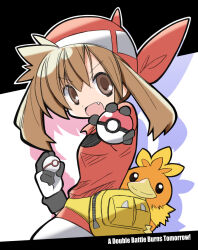 Rule 34 | 1girl, :d, bandana, bird, black shirt, breasts, brown eyes, brown hair, creatures (company), drop shadow, fang, fanny pack, game freak, gen 3 pokemon, gloves, hair between eyes, highres, holding, holding poke ball, looking at viewer, may (pokemon), medium breasts, nintendo, open mouth, outstretched arm, poke ball, poke ball (basic), pokemon, pokemon (creature), pokemon rse, premier ball, rascal (feuille), red bandana, red shirt, shirt, smile, solo, torchic, two-tone shirt