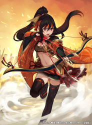 Rule 34 | 1girl, :o, arrow (projectile), black gloves, black hair, black thighhighs, bow (weapon), bracer, breasts, dust cloud, elbow gloves, fingerless gloves, gloves, headband, long hair, midriff, navel, official art, orange sky, ponytail, red eyes, sengoku taisen, sky, small breasts, standing, standing on one leg, thighhighs, very long hair, watermark, weapon, wide sleeves, yuu (higashi no penguin)