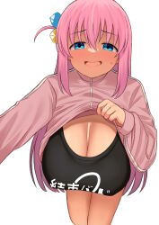 Rule 34 | 1girl, atgsanz (wttoo0000), black shirt, blue eyes, blush, bocchi the rock!, breasts, cleavage, clothes lift, commentary, cube hair ornament, dot nose, full-face blush, gotoh hitori, hair between eyes, hair ornament, highres, huge breasts, jacket, jacket lift, leaning forward, legs, lifting own clothes, long hair, long sleeves, looking at viewer, nervous, nervous smile, one side up, open mouth, pink hair, pink jacket, print shirt, reaching, reaching towards viewer, sagging breasts, shirt, simple background, sleeves past wrists, smile, solo, sweatdrop, track jacket, white background