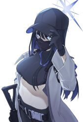 Rule 34 | 1girl, armband, assault rifle, ayuuuuuu, baseball cap, belt, black gloves, black hat, black pants, blue archive, blue eyes, breasts, buckle, coat, crop top, gloves, gun, hair between eyes, halo, hand on headwear, hat, highres, holding, holding gun, holding weapon, large breasts, long hair, long sleeves, looking at viewer, mask, midriff, mouth mask, navel, open clothes, open coat, pants, rifle, saori (blue archive), simple background, snap-fit buckle, solo, turtleneck, upper body, weapon, white background, white coat