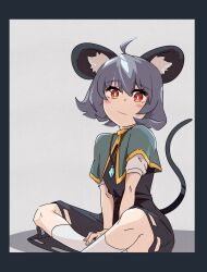 Rule 34 | 1girl, :3, ahoge, animal ear fluff, animal ears, blush, border, bright pupils, brown eyes, capelet, closed mouth, commentary request, crystal, feet out of frame, flat chest, grey background, grey border, grey capelet, grey hair, grey skirt, grey vest, hair between eyes, highres, indian style, jewelry, layered clothes, looking at viewer, medium bangs, mouse ears, mouse girl, mouse tail, nazrin, nazrin day, pendant, shirt, short hair, simple background, sitting, skirt, skirt set, smile, socks, solo, tail, touhou, vest, white pupils, white shirt, white socks, yan pai, yellow trim