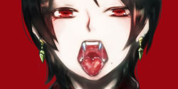 Rule 34 | 10s, 1boy, black hair, close-up, earrings, fangs, kashuu kiyomitsu, looking at viewer, male focus, mole, mole under mouth, open mouth, oral invitation, personification, red background, saliva, sexually suggestive, solo, teeth, tongue, tongue out, touken ranbu
