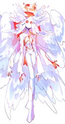 Rule 34 | 1other, ambiguous gender, angel, bodysuit, colored skin, extra arms, firebay, full body, halo, head wings, highres, long sleeves, multicolored skin, multiple wings, original, red background, red skin, solo, sparkle, two-tone skin, white background, white bodysuit, white skin, wings