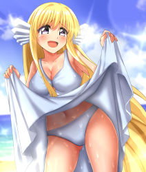 Rule 34 | 1girl, absurdres, beach, blonde hair, blue eyes, blue sky, breasts, clothes lift, cloud, collarbone, commentary request, commission, cowboy shot, day, dress, dress lift, fins, head fins, highres, large breasts, long hair, looking at viewer, maria (mermaid melody pichi pichi pitch), mermaid melody pichi pichi pitch, open mouth, outdoors, panties, pixiv commission, sky, smile, solo, underwear, white dress, white panties, zanntetu