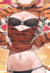 Rule 34 | 1girl, animal costume, animal print, belt collar, bikini, black bikini, blonde hair, breasts, chinese zodiac, cleavage cutout, closed mouth, clothes lift, clothing cutout, collar, cowboy shot, fate/apocrypha, fate (series), female focus, head out of frame, long sleeves, mordred (fate), mordred (fate/apocrypha), navel, o-ring, o-ring bikini, shirt lift, small breasts, solo, stomach, swimsuit, tail, tiger costume, tiger print, tiger tail, tonee, year of the tiger