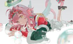 Rule 34 | 1girl, ahoge, angel wings, animal ears, arknights, backpack, bag, bow, braid, braided hair rings, cat girl, cat tail, chinese commentary, commentary request, goldenglow (arknights), goldenglow (maiden for the bright night) (arknights), halo, heqing, highres, long hair, looking at viewer, mini wings, on ground, pink hair, shoes, smile, tail, v, wings, yellow eyes