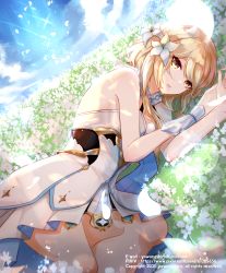 Rule 34 | 1girl, absurdres, bare shoulders, blonde hair, cloud, commentary request, copyright notice, day, dress, dutch angle, email address, field, flower, flower field, genshin impact, grasslands, hair flower, hair ornament, halter dress, halterneck, highres, korean commentary, lumine (genshin impact), lying, mixed-language commentary, on side, parted lips, petals, pixiv id, short dress, sidelocks, sky, solo, white dress, white flower, wristband, yawang shiro, yellow eyes