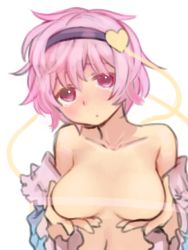 Rule 34 | 1girl, bare shoulders, blush, breasts, censored, hairband, heart, komeiji satori, large breasts, looking at viewer, no bra, off shoulder, open clothes, open shirt, pine (pine-box), pink eyes, pink hair, shirt, short hair, simple background, sketch, solo, touhou, upper body, white background