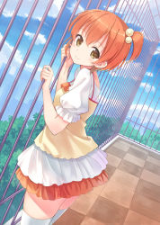 Rule 34 | 10s, 1girl, casual, cityscape, cloud, day, dress, dutch angle, fence, hair bobbles, hair ornament, hoshizora rin, hyuuga azuri, looking at viewer, love live!, love live! school idol festival, love live! school idol project, orange hair, railing, rooftop, short hair, side ponytail, sky, smile, solo, tile floor, tiles, tree, white legwear, yellow eyes