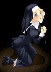 Rule 34 | 1girl, ankle boots, blonde hair, blue eyes, blush, boots, cross, discreet vibrator, double penetration, f-ism, habit, high heel boots, high heels, highres, impossible clothes, kneeling, leaning forward, multiple penetration, murakami suigun, nun, open mouth, praying, rosary, sex toy, shadow, shoes, short hair, solo, tears, traditional nun, vibrator, vibrator under clothes