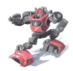 Rule 34 | autobot, cliffjumper, commentary, english commentary, horns, looking to the side, mecha, open hands, painting (medium), robot, science fiction, shadow, solo, tgping, traditional media, transformers, twisted torso, watercolor (medium), wheel, white background, white eyes