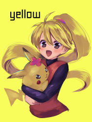 Rule 34 | 1girl, blonde hair, blush, character name, chuchu (pokemon), commentary request, creatures (company), game freak, gen 1 pokemon, highres, holding, long hair, looking at viewer, mokorei, nintendo, open mouth, pikachu, pokemon, pokemon (creature), pokemon adventures, ponytail, simple background, smile, yellow (pokemon)