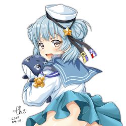 Rule 34 | 1girl, aqua skirt, black ribbon, blue hair, blue sailor collar, cowboy shot, dated, dixie cup hat, double bun, from behind, hair bun, hat, hat ribbon, highres, kantai collection, little blue whale (kancolle), long sleeves, looking at viewer, looking back, medal, military hat, miniskirt, navy cross, no panties, pleated skirt, ribbon, sailor collar, samuel b. roberts (kancolle), school uniform, serafuku, shirt, short hair, signature, skirt, sleeve cuffs, solo, tk8d32, upper body, whale, white hat, white shirt, yellow eyes