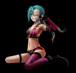 Rule 34 | 1girl, armpits, belt, black background, blue hair, boots, breasts, bullet, female focus, highres, jinx (league of legends), league of legends, looking at viewer, one eye closed, pink eyes, shorts, simple background, single thighhigh, solo, thighhighs, twintails, wink