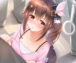 Rule 34 | 1girl, absurdres, blush, brown eyes, brown hair, brown skirt, camisole, commission, diamond hair ornament, embarrassed, frilled camisole, frills, hair between eyes, hair flaps, hair ornament, hair ribbon, hairclip, highres, hololive, kamishiro mai (capti-no), long hair, long sleeves, parted lips, pink ribbon, pink shirt, plaid, plaid skirt, pleated skirt, ribbon, shirt, side ponytail, sideways glance, skeb commission, skirt, solo focus, star (symbol), star hair ornament, subway, tokino sora, tokino sora (casual), train interior, virtual youtuber, wavy hair, white camisole