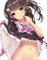 Rule 34 | 1girl, black dress, blue eyes, blush, brown hair, clothes lift, clover hair ornament, collarbone, dress, dress lift, four-leaf clover hair ornament, hair ornament, hair ribbon, hands up, head tilt, highres, lifted by self, long hair, missile228, navel, one side up, original, out-of-frame censoring, parted lips, ribbon, simple background, solo, white background, yellow ribbon