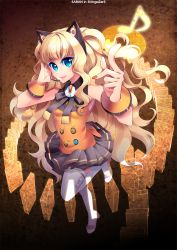 Rule 34 | 1girl, animal ears, blonde hair, blue eyes, bow, bracelet, female focus, full body, gradient background, headset, jewelry, long hair, musical note, saban, seeu, skirt, smile, solo, thighhighs, very long hair, vocaloid, white thighhighs