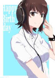 Rule 34 | 1girl, absurdres, birthday, blue background, border, brown eyes, brown hair, closed mouth, commentary, dated, dress shirt, english text, girls und panzer, hand on headphones, happy birthday, headphones, highres, looking at viewer, nishizumi maho, oritako, outside border, shirt, short hair, short sleeves, smile, solo, upper body, watch, white border, white shirt, wing collar, wristwatch